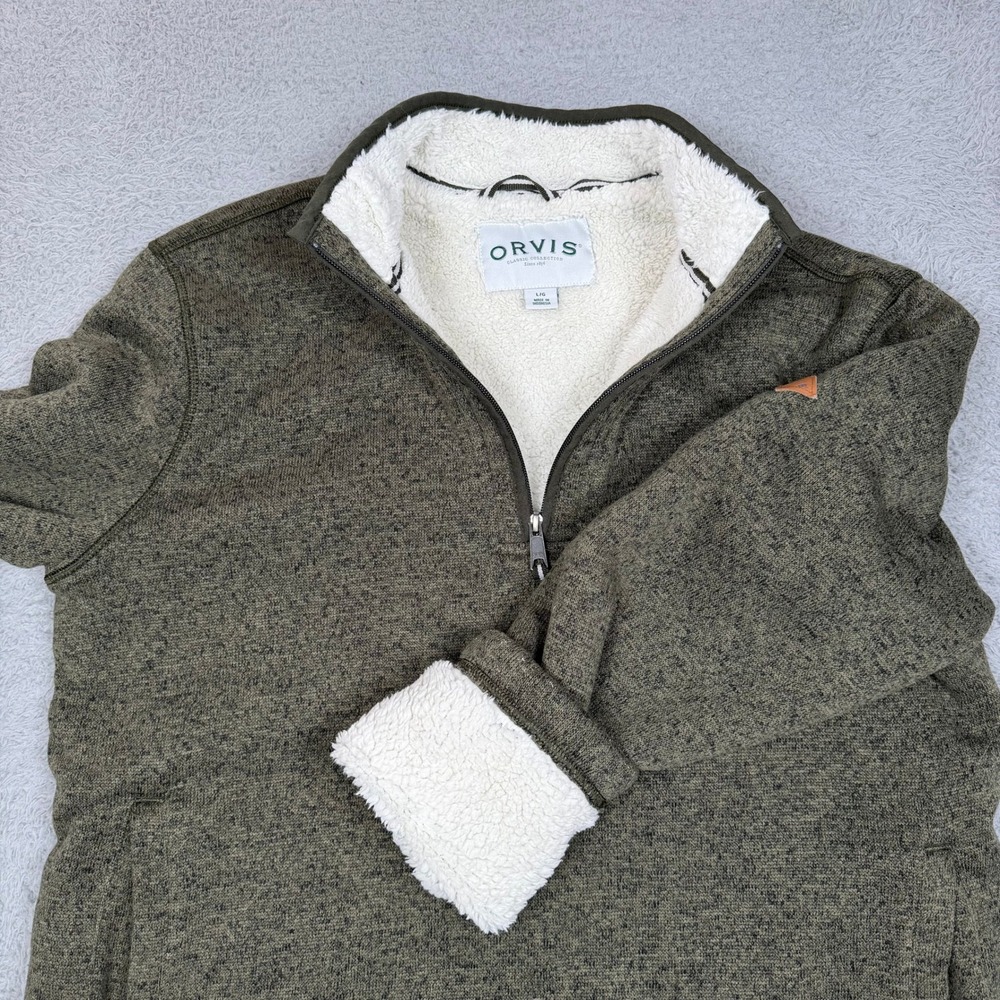 Orvis Mens Quarter Zip Sherpa Lined Fleece Pullover Sweater Olive Green Large - Picture 5 of 12